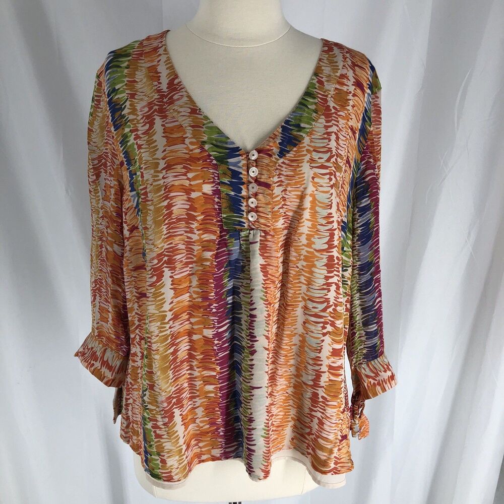 Coldwater Creek Top Womens XL Vibrant Silk Blouse Lined V-Neck Tie Cuff